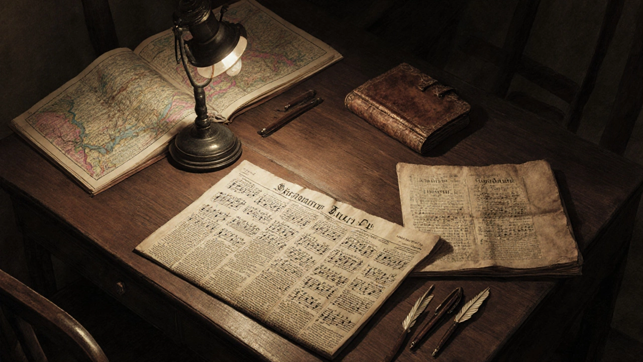 19th‑century desk with newspaper, broadside, and field notes representing early folk songs.