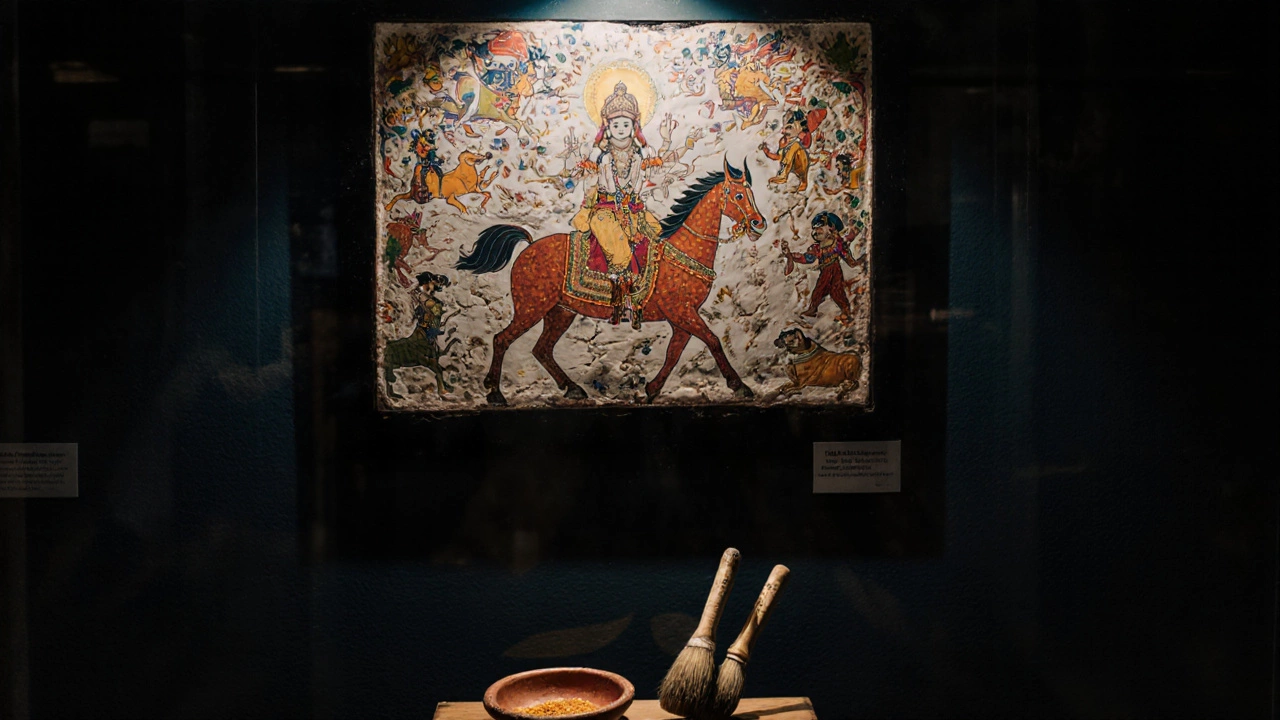 A preserved Pithora painting in a museum, illuminated under glass, with traditional brushes and pigments displayed beside it.