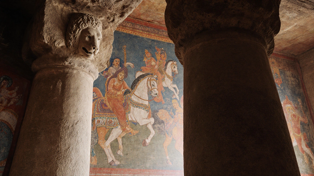 Ajanta Cave fresco of a Jataka tale illuminated by filtered light beside an Ashokan lion capital.