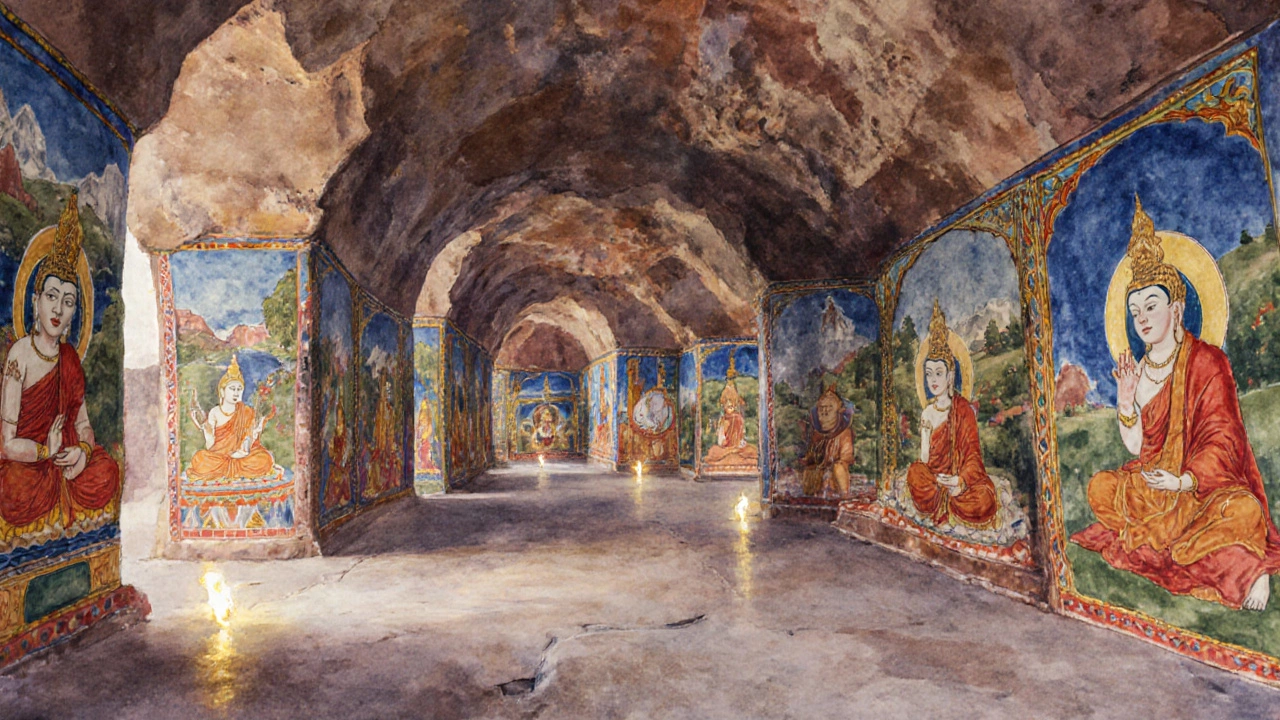 Ajanta Cave interior showing vibrant Buddhist frescoes in watercolor style.