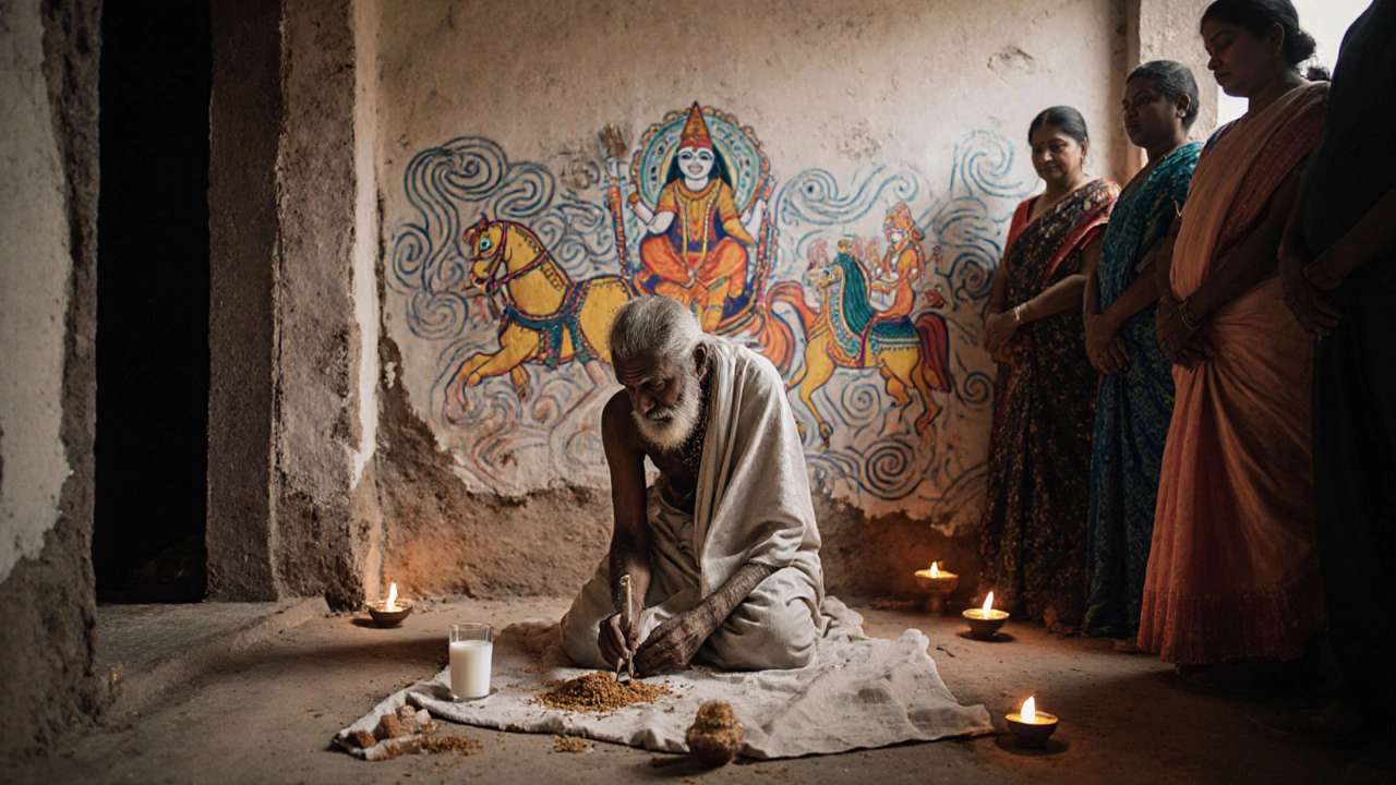 An elderly artist painting a Pithora mural with a goat-hair brush, family watching as offerings lie nearby in a rural Gujarati home.