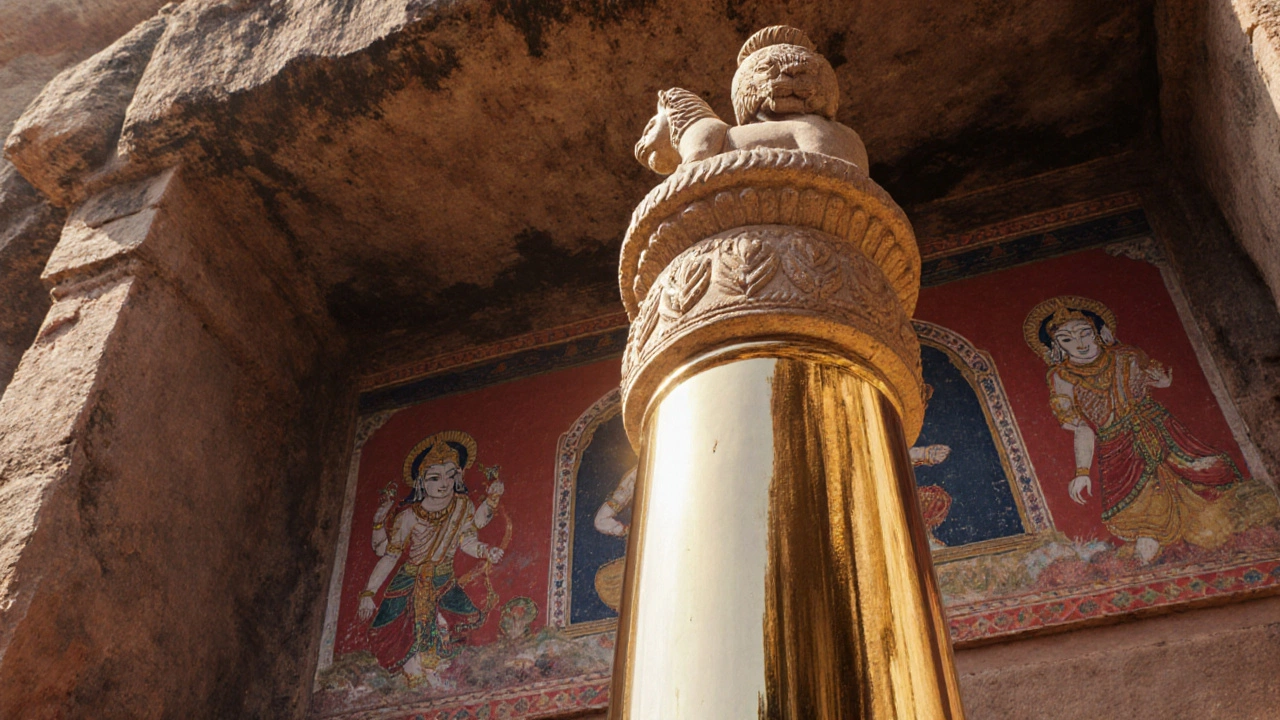 Ashoka Pillar with Lion Capital in front of Ajanta dry‑fresco mural under sunrise light.