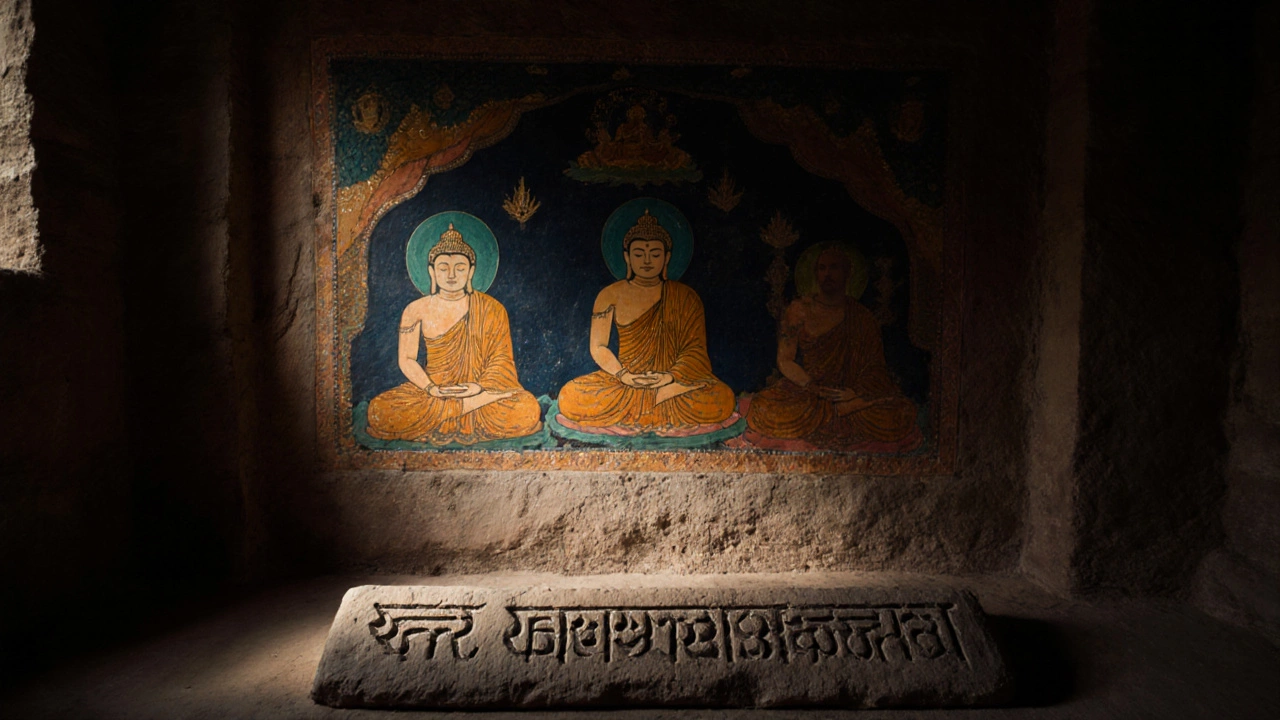 Bagh Cave wall with Gupta‑style Buddha painting and a carved, unreadable artist plaque.
