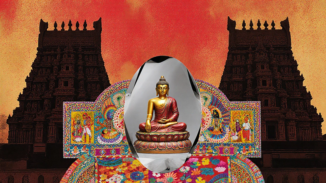Collage of Dravidian gopuram, folk art patterns, Gupta Buddha and modern reflective sculpture.