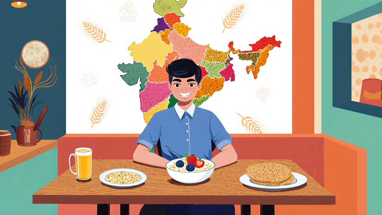 Digital illustration of a modern café serving millet dishes with a subtle map of India behind.