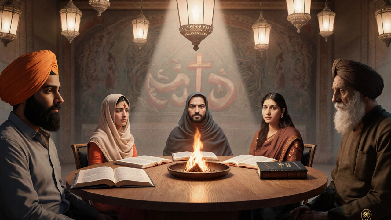 Diverse group of people representing Indian religions seated around a table with sacred books, discussing.