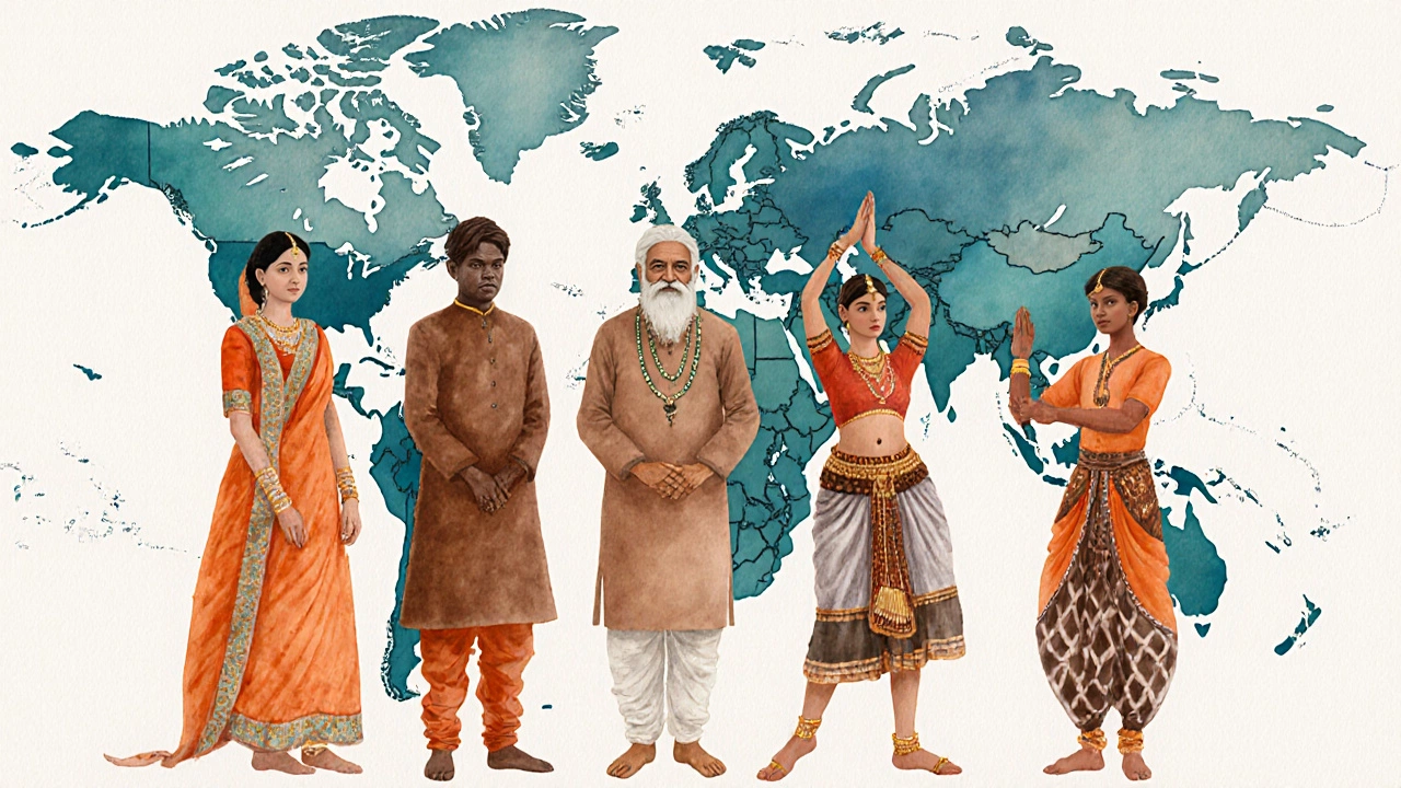Diverse Indian figures gathered before a highlighted South Asia map.