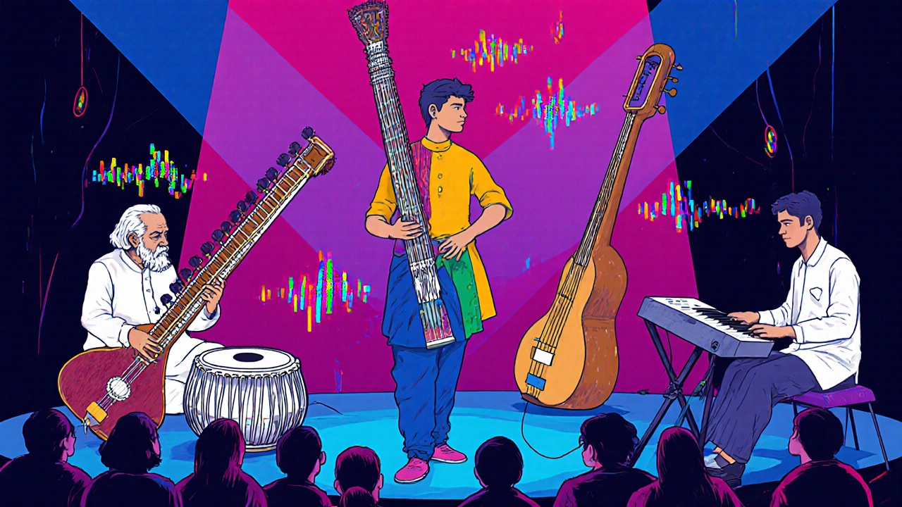 Fusion band on neon stage mixing sitar, veena, tabla, mridangam, guitar and synth.