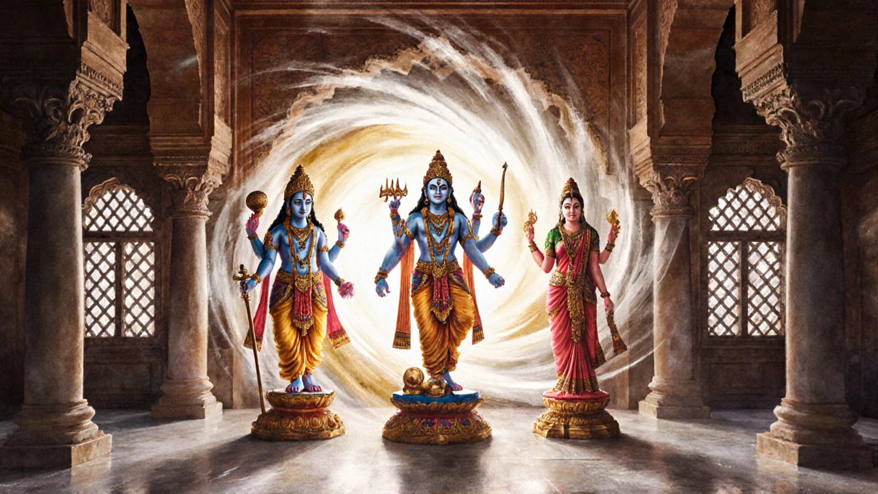Hindu temple interior with statues of Vishnu, Shiva, Devi and a glowing formless light representing Brahman.