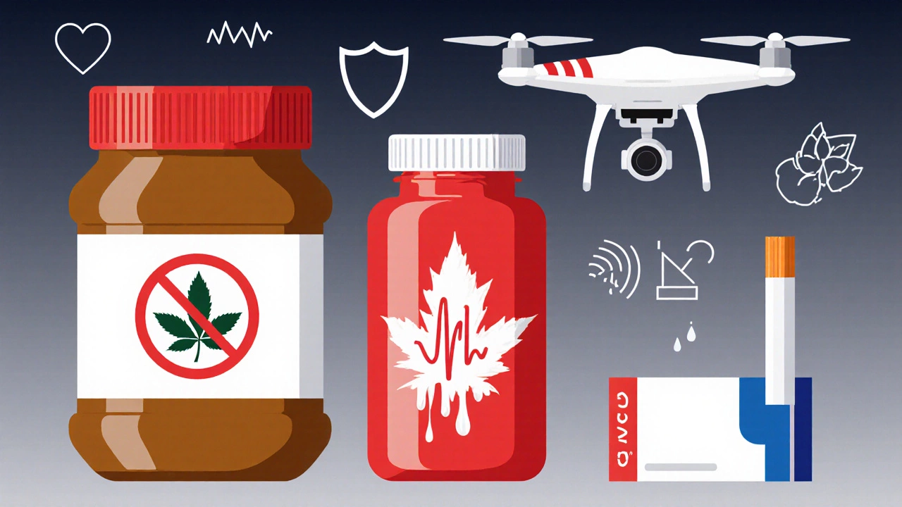 Illustrated collage of prohibited items: peanut butter, weight‑loss pills, hair dye, drone, and cigarettes.