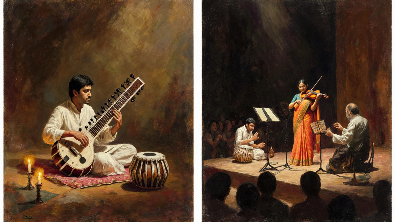 Left: sitar alap and tabla; right: Carnatic vocalist, violin and mridangam on stage.