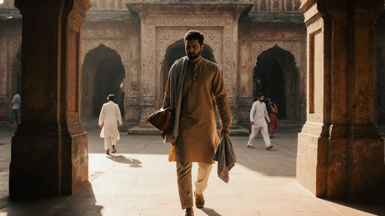 Man in kurta‑pyjama and dupatta entering a temple courtyard, with sunlight through arches.