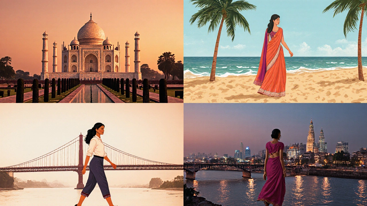 Map collage showing four Indian regions with typical outfits and leg coverage levels.