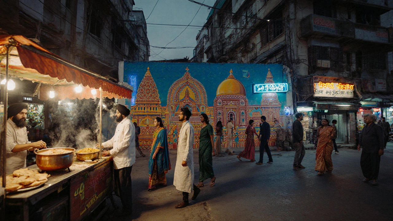 Modern city street showing fusion food stalls, diverse clothing, and a cultural mural.
