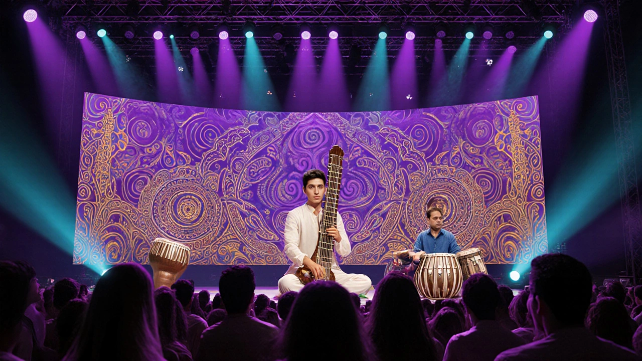 Modern fusion concert blending sitar‑veena, tabla and mridangam on vibrant stage.