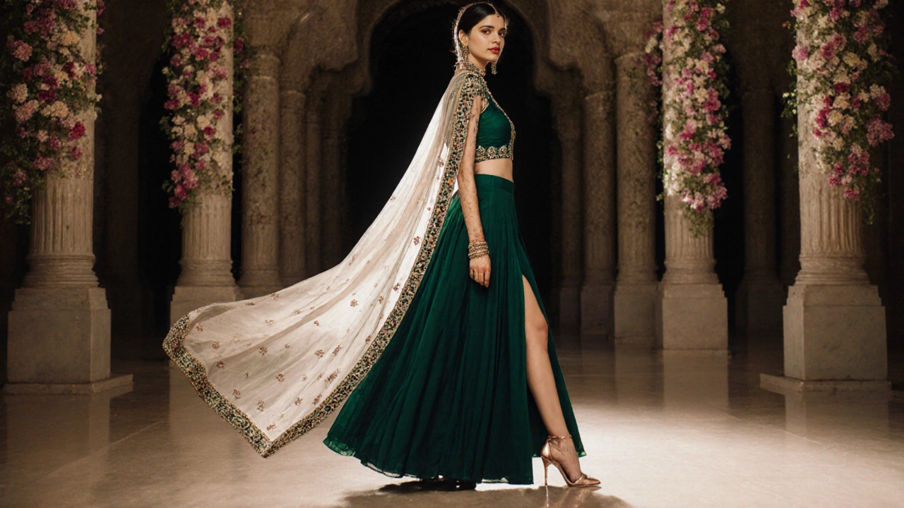 Modern guest in emerald lehenga with subtle slit and sheer dupatta at a decorated ceremony.