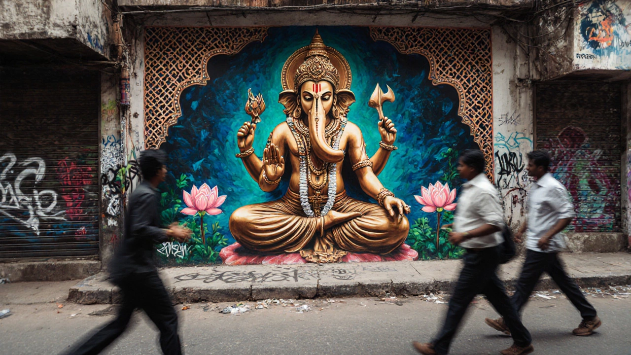 Modern Mumbai mural blending a Gupta-style Vishnu sculpture with traditional temple motifs.