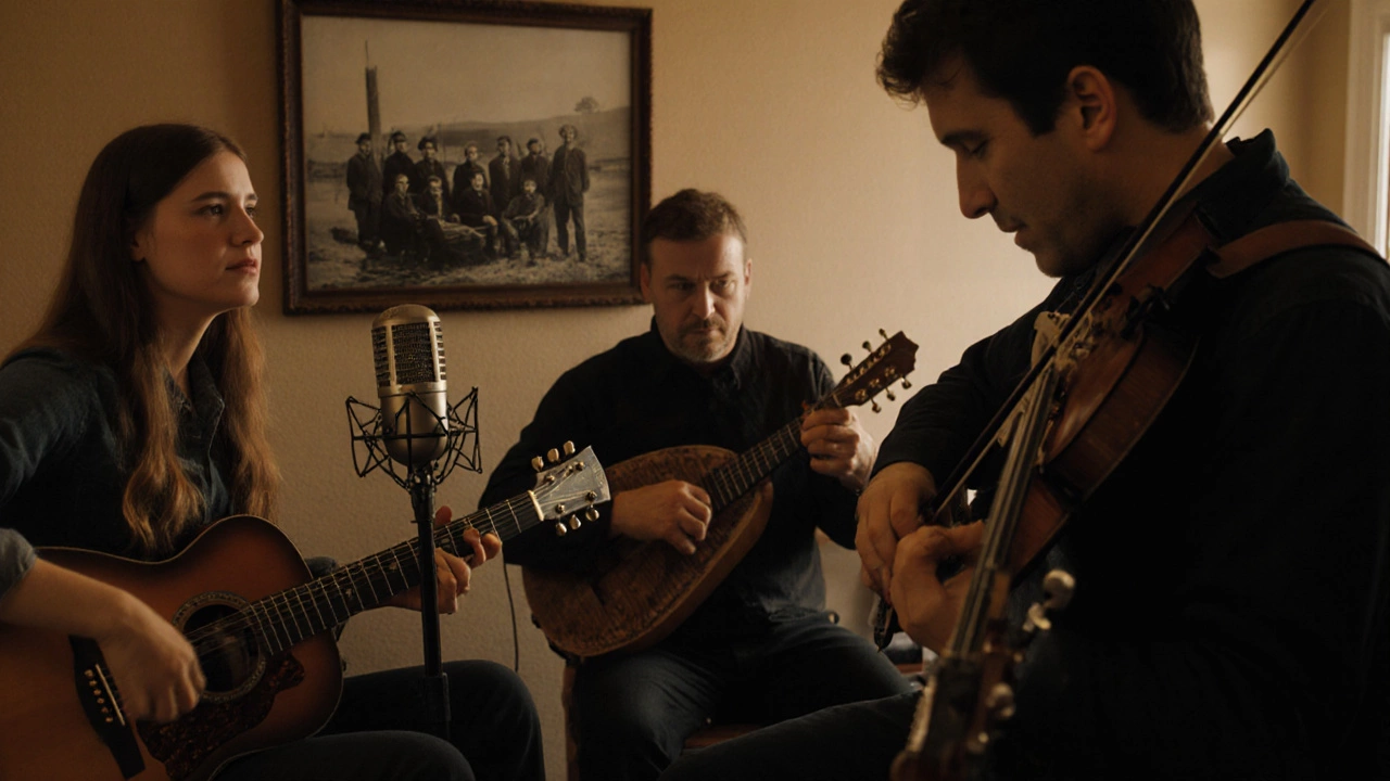Modern musicians playing "Shenandoah" with dulcimer, fiddle, and guitar in a studio.
