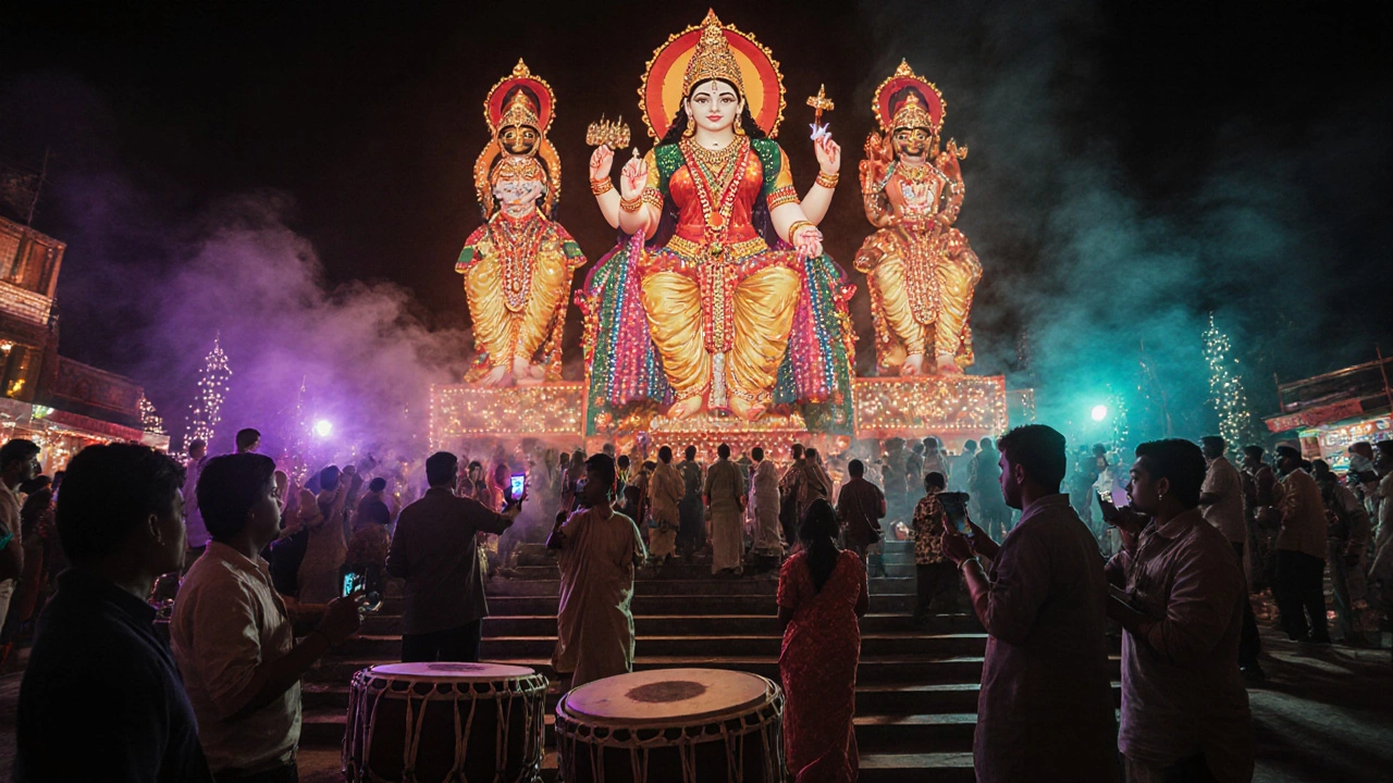 Nighttime Durga Puja pandal illuminated with lamps, crowds, and subtle AR displays on smartphones.