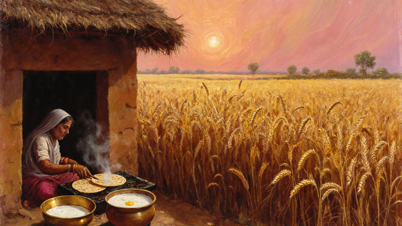 Oil painting of a Punjab wheat field and a kitchen where rotis are cooking on a griddle.