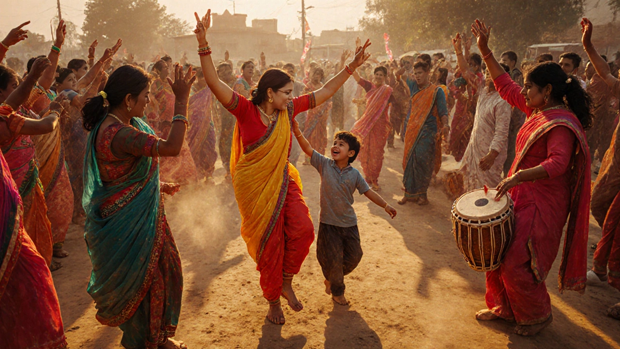 People dancing in a circle at an Indian festival, raising arms in a simple Bhangra step.