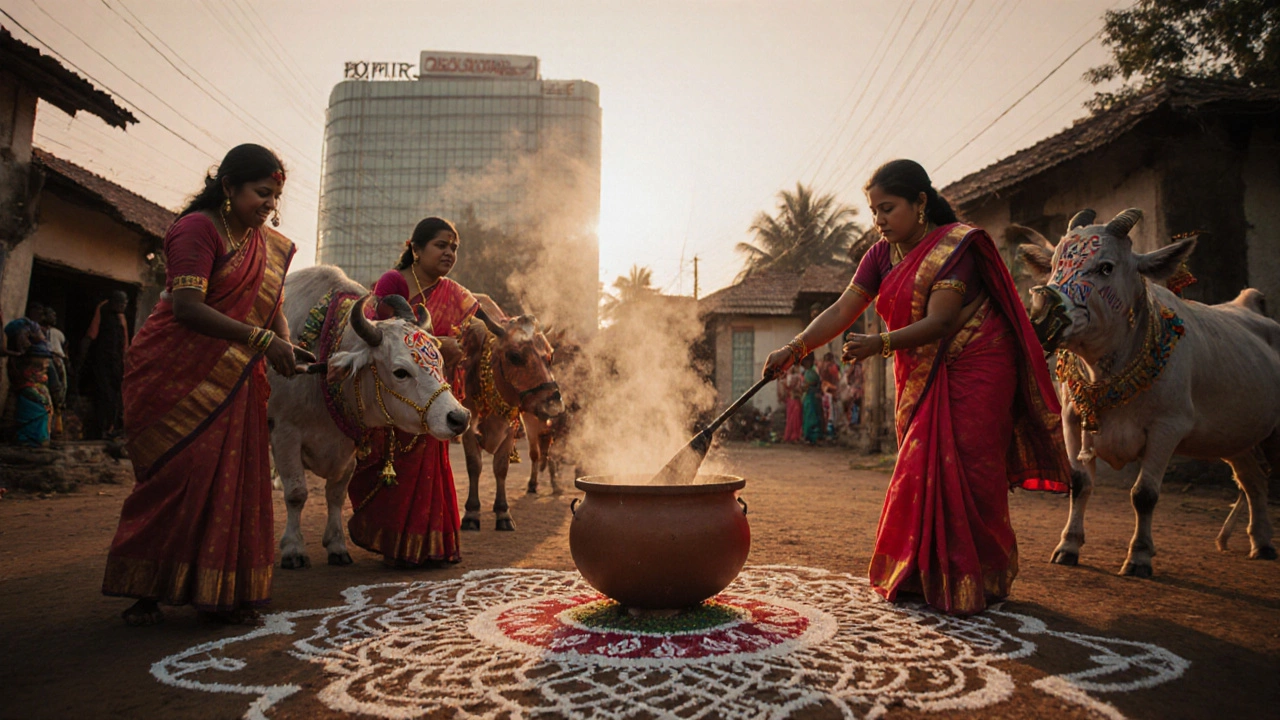 Pongal festival scene with cooking pot, decorated cattle, kolam design, and silk saree under sunrise.