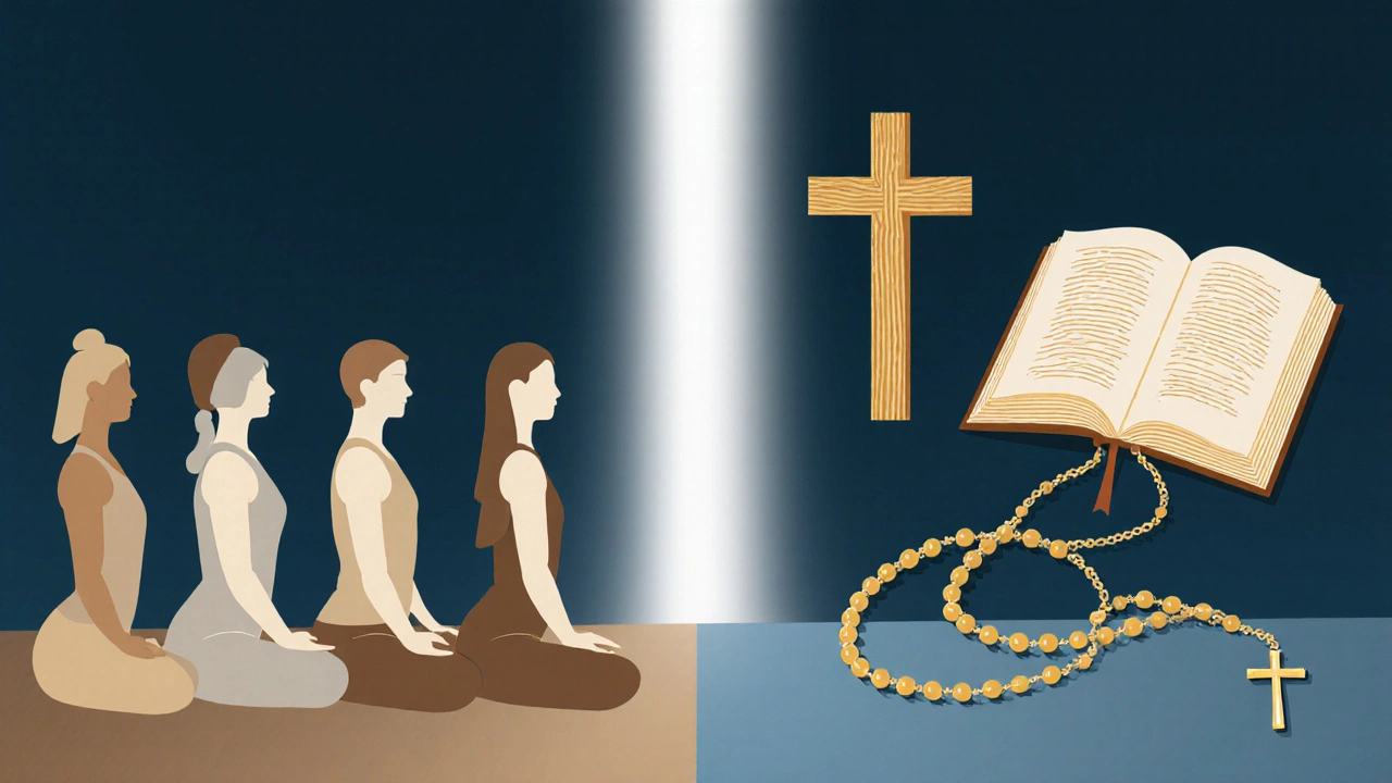 Split illustration showing yoga poses on one side and Catholic symbols on the other.