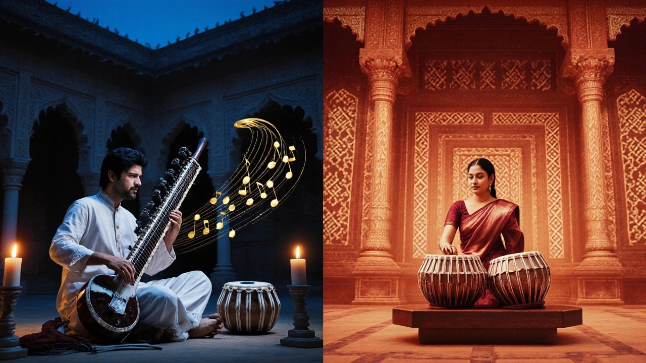 Split-screen concert comparing Hindustani sitar/tablet performance with Carnatic veena/mridangam.