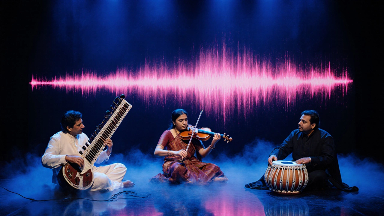 Stage with sitar, violin, mridangam and neon digital wave representing fusion.