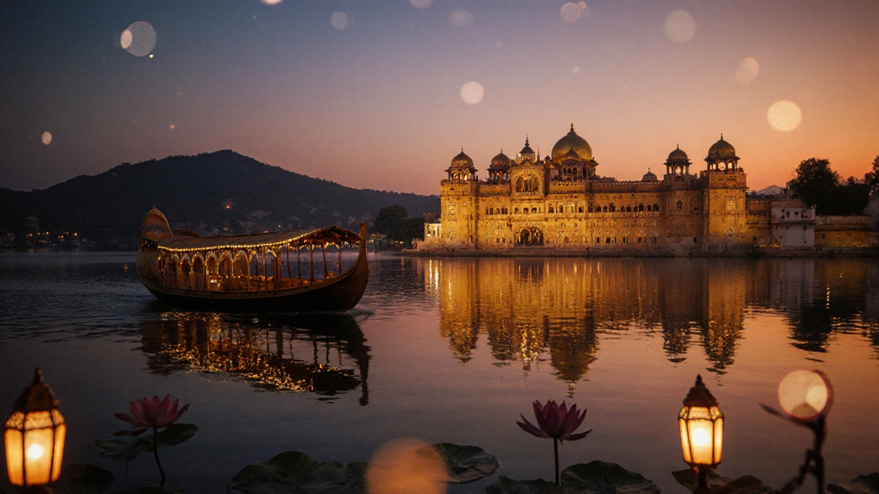 Sunset over Lake Pichola with illuminated City Palace reflected in golden water in Udaipur.