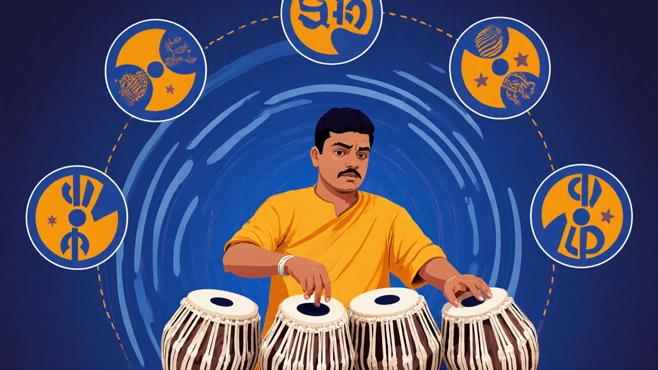 Tabla player mid‑beat with colorful circles showing the 16‑beat cycle.
