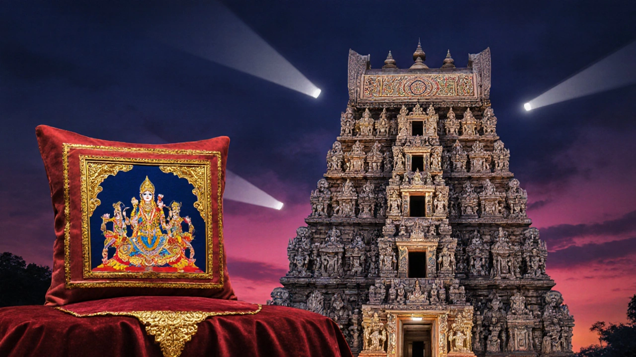 Tall Dravidian temple gopuram adorned with detailed stone carvings and a gold‑leaf Tanjore painting.