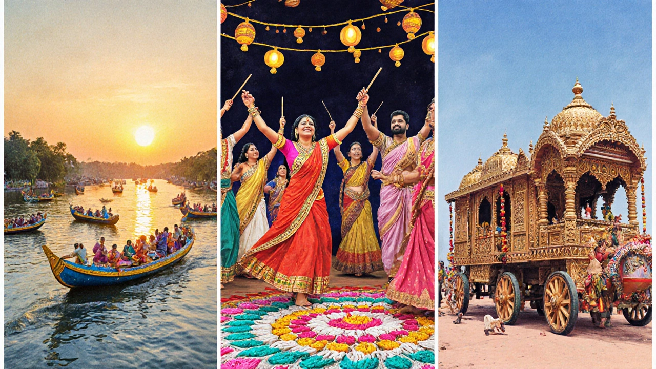 Three festival scenes: Kerala snake‑boat race, Gujarat Garba dance, and Odisha Rath Yatra procession.