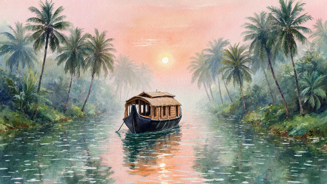 Traditional houseboat sailing through misty green backwaters lined with palm trees at sunrise in Kerala.