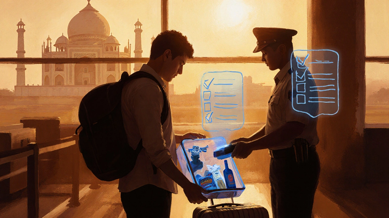 Traveler&#039;s suitcase being scanned at Indian customs, with subtle Indian landmarks in the background.