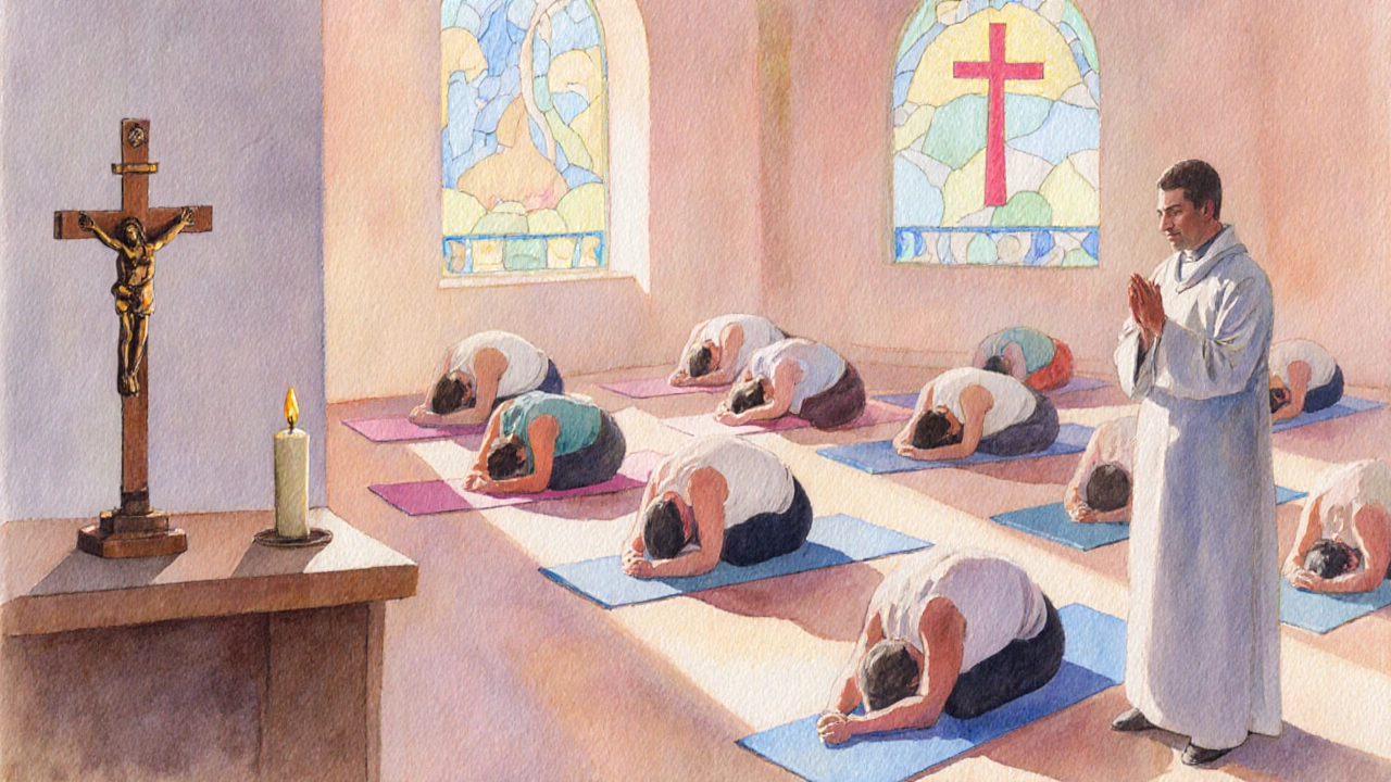 Warm watercolor of a Christian yoga class with participants in poses and a crucifix nearby.