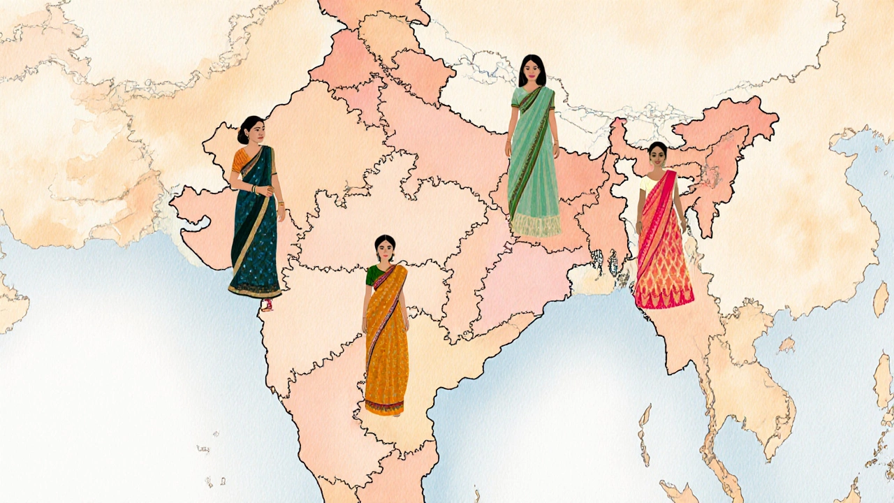 Watercolor map of India with silhouettes showing regional leg‑coverage styles.