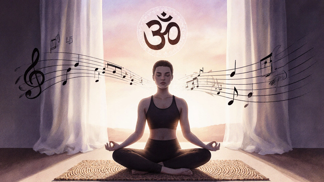 Yoga practitioner chanting Om with glowing sound waves.