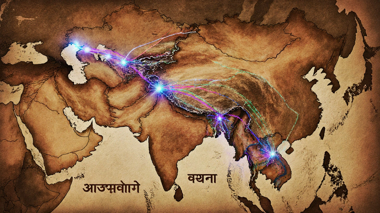 Ancient migration routes across India shown as glowing paths on a parchment map.